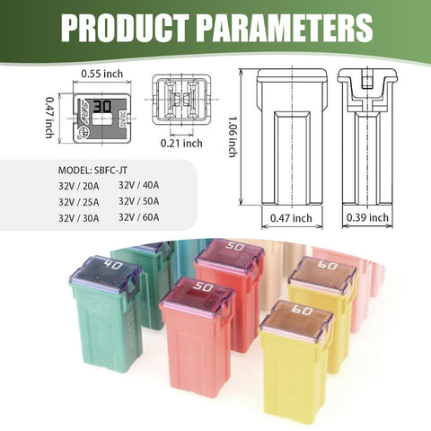 Tough As Nails Square Blade Fuse Assortment Kit With 20A To 60A Specs, featuring six fuses in different amperages for easy installation.
