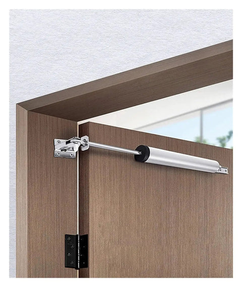 Adjustable Buffer Force Door Closer With 90 Degree Stop Gas Spring Auto Close And Lock Silent 25-45kg Capacity in Sand Silver on door