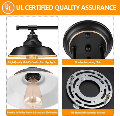 Farmhouse Rustic 3 Light Vanity Sconce Set details including mounting plate, E26 socket, and UL listed quality assurance