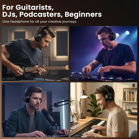 Musicians wearing Over Ear Studio Monitor Headphones For Recording And Mixing, Closed Back, 50mm Drivers, Dual 6.35mm And 3.5mm Jacks.