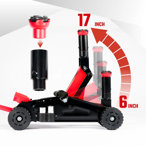 4400 Lb Hydraulic Off Road Floor Jack With Big Wheels For Trucks SUVs And ATVs, Dual Piston Quick Lift shown with adjustable saddle