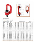 Side Pull Swivel Hoist Ring With 360 Degree Rotation, Universal Lifting Point, G80 Material, Red Steel, Technical Specifications Chart