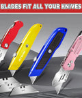 Different colored utility knives with SK5 blades next to Beefy Heavy Duty Utility Knife Blades 100 Pack SK5 Steel Box Cutter Refills
