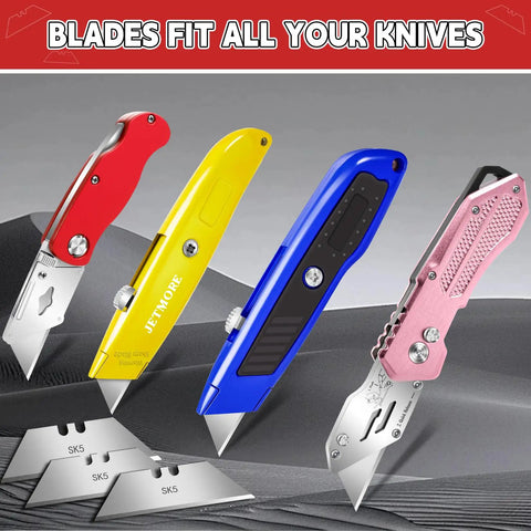 Different colored utility knives with SK5 blades next to Beefy Heavy Duty Utility Knife Blades 100 Pack SK5 Steel Box Cutter Refills