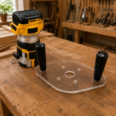 Clear Acrylic Router Base Plate With Reinforced Dual Handles For Compact Routers, 6x10 in. on a wooden table with router.