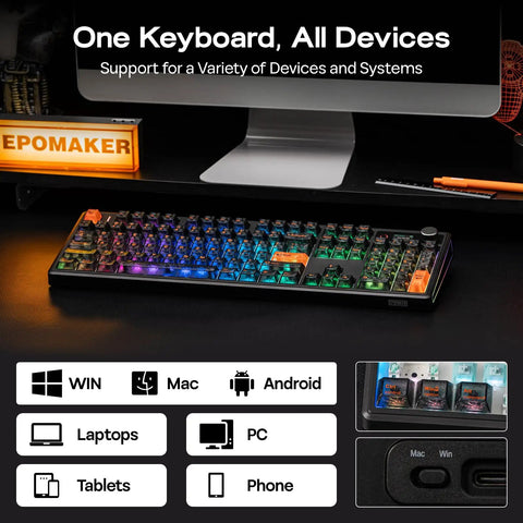 Top Shelf Full Size Mechanical Keyboard With Bangin Tri Mode Wireless Pairing Gotta Appreciate That Crisp OLED Display Screen And Sweet Dedicated Volume Knob For Any Sick Workstation Or Gaming Battlestation Setup showcasing multi-device compatibility.
