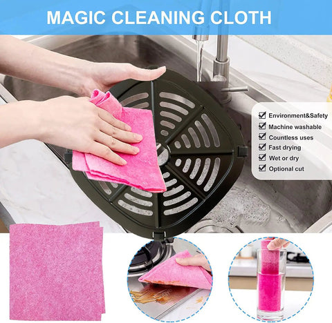 Magic cleaning cloth being used over a crisper tray in a sink, showcasing easy cleanup with pink non-abrasive fabric.