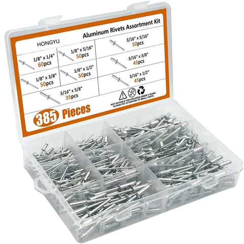 385 Piece Aluminum Dome Head Pop Rivets Kit For M3.2 And M4 Open End in assorted sizes, clear storage case