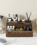 Stackable Rustic Burnt Solid Wood Vanity Organizer Trays 2 Piece Grab And Go Countertop Storage Caddy with cosmetics and brushes