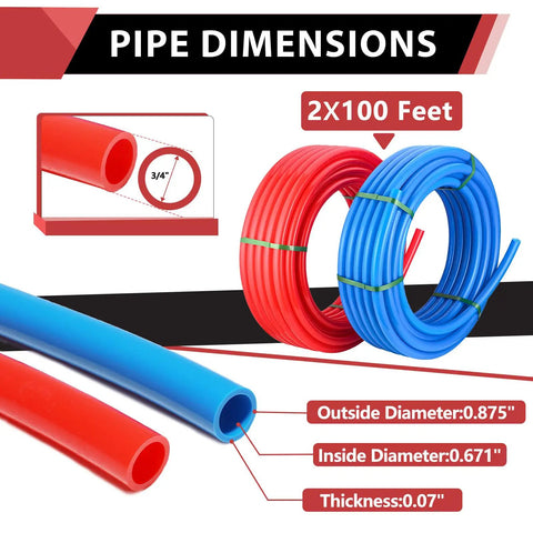 2x100 Ft Pex A Tubing Kit With Blue And Red 1/2 Inch Pex A Pipe, detail showing dimensions and rolls of tubing