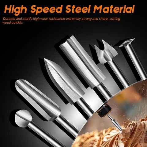 Heavy Duty Wood Carving Drill Bits Set With Rotary Tool Compatibility six piece engraving kit showcasing high speed steel tools for precision carving.