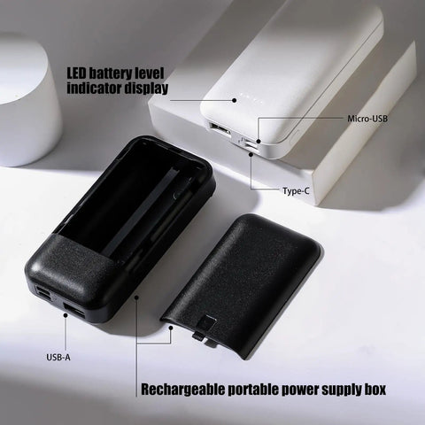 Built Different 18650 Battery Box For Two Flat Top Cells Featuring Heavy Duty Power Bank Enclosure Shell, showing USB ports and LED display.