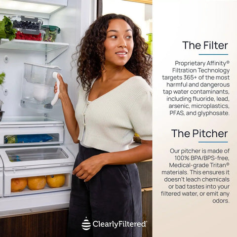 Woman placing Ultimate Water Pitcher With Advanced Filtration That Tackles 365 Plus Contaminants in refrigerator