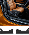 Universal Bucket Seat Mounting Bracket Kit 2 Pack Heavy Duty L Shape Side Mount Brackets For FRP And Carbon Fiber Racing Seats Black Powder Coated With Anti Rust Technology shown next to car seat
