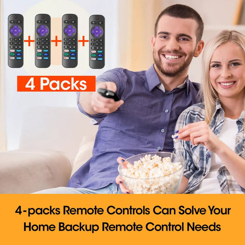 Couple using Four Pack Replacement TV Remote For Roku TV, Easy Plug And Play Backups, No Setup Required, Compatible With TCL Roku Hisense Roku Onn Sharp Philips Roku TV, Not For Roku Stick, Box, Or Speaker