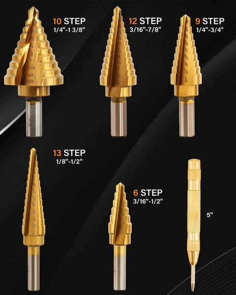 Pro Grade Heavy Duty HSS Titanium Step Drill Bit Set With Automatic Center Punch, 50 Size Range for Metal and Wood