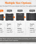 Slick Expandable Silverware Drawer Organizer With Adjustable Dividers For No Sweat Kitchen Storage and Quick Grab Cutlery Access Pretty Darn Spacious Layout Built To Last showing size options and measurements.