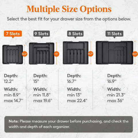 Slick Expandable Silverware Drawer Organizer With Adjustable Dividers For No Sweat Kitchen Storage and Quick Grab Cutlery Access Pretty Darn Spacious Layout Built To Last showing size options and measurements.