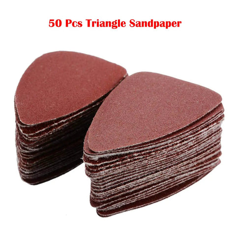 51Pcs 50mm Triangular Finger Oscillating Sanding Pads Kit for Multi Tools showing stacked red triangular pads