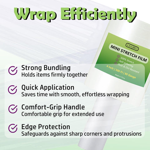 Premium Clear Stretch Wrap Film 4 Inch Pallet Roll With Carry Handle 2000 Ft 80 Gauge Heavy Duty showing features like strong bundling and grip.