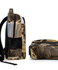 Alpine Wild Horned Goat Print Backpack For Unisex Large Capacity Daypack showing side and bottom views, durable polyester.