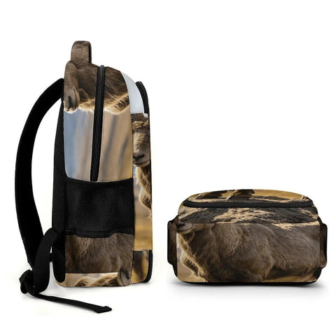 Alpine Wild Horned Goat Print Backpack For Unisex Large Capacity Daypack showing side and bottom views, durable polyester.
