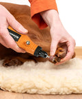 GINELSON cordless rotary tool, orange, sanding drum attached, close-up on dog nail filing.
