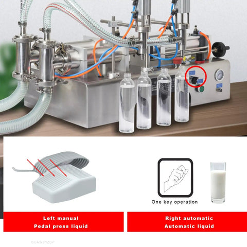 Top Shelf Double Head Pneumatic Piston Bottle Filler Built Tough Stainless Steel Liquid Dispenser with bottles and pedal.