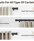 Heavy Duty 1 Inch Curtain Rod Adjustable 32 To 120 Inches Black Indoor Outdoor Drapery Pole With Tough As Nails Helical Threads Easy Install Minimal Sag Modern Window Rod with various curtain types displayed: back tab, ring, and grommet.