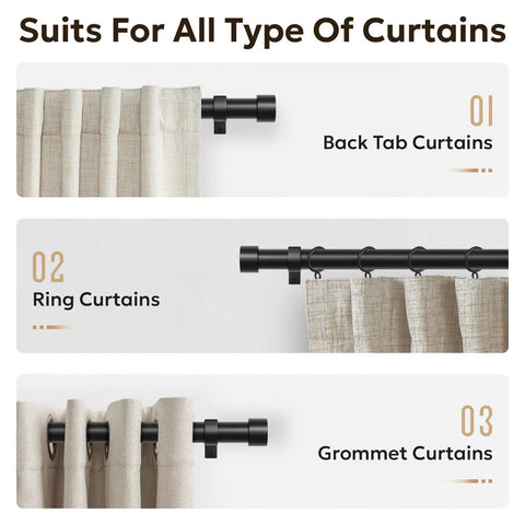 Heavy Duty 1 Inch Curtain Rod Adjustable 32 To 120 Inches Black Indoor Outdoor Drapery Pole With Tough As Nails Helical Threads Easy Install Minimal Sag Modern Window Rod with various curtain types displayed: back tab, ring, and grommet.