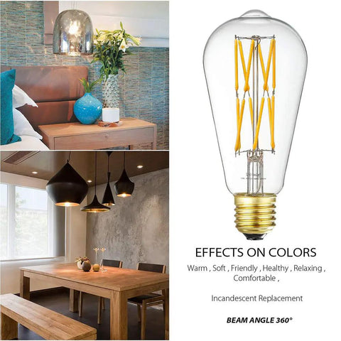 Old School Edison Style LED Bulb 10W Dimmable, 100W Equivalent, Clear Glass, Warm White 2700K, 1200Lm shown with decor and 360 beam