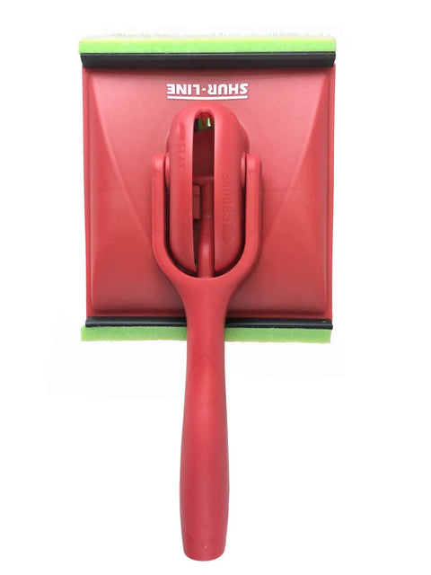 Red Deck Stain Pad With Groove Tool For Even Coverage On Flat Surfaces And Between Boards, pivoting handle, top view