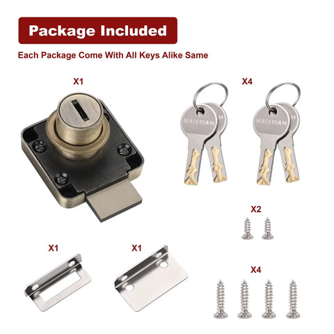 Top Shelf Cabinet Locks With Keys For Desk Drawers And Office Furniture Dead Simple Install Latch Kit with lock, keys, and hardware components.