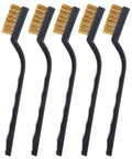 Five small wire brushes with curved handles for welding slag, rust deburring, and metal cleaning, part of a 10-piece set.