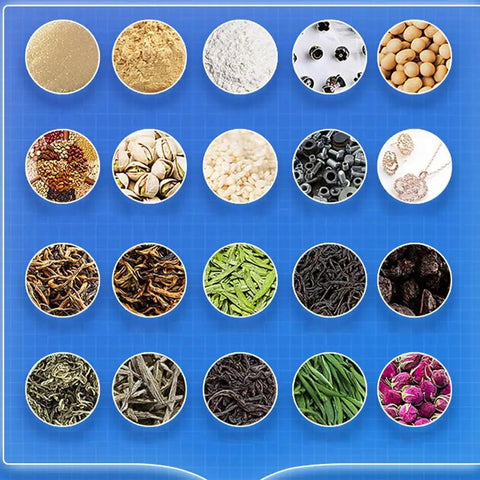 Heavy Duty Automatic Filling Machine For Dry Powder Granules Precision Electronic Weighing Scale For Coffee Beans Rice Seeds Plug And Play Wiring With Zero Stress Operation showcasing various dry powders and granules.