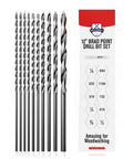 Brad point drill bit set, 12-inch long, 10 pcs, HSS titanium-coated, Baker and Bolt with storage sleeve, front view