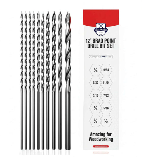 Front view: Baker and Bolt 12-inch brad-point drill bit set for wood, 10 pcs, titanium-coated HSS and storage sleeve