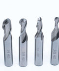 Six-piece LLDSIMEX M2 HSS ball-end, 2-flute end mills set in sizes 1/8–1/2 in, front view.
