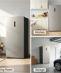 Top Shelf 14 Cubic Foot Upright Freezer With Convertible Fridge Design in living room, kitchen, and garage settings.
