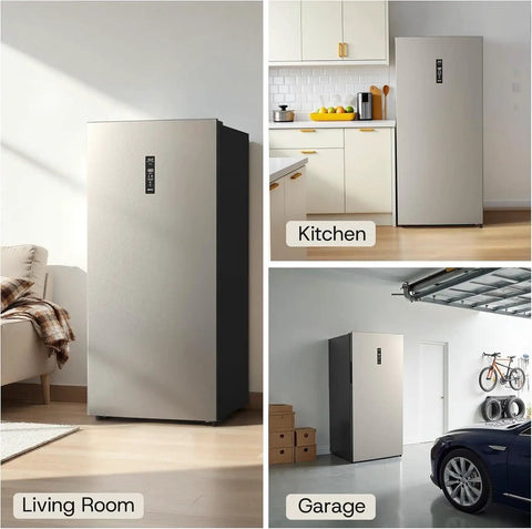 Top Shelf 14 Cubic Foot Upright Freezer With Convertible Fridge Design in living room, kitchen, and garage settings.