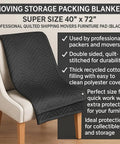 Essentials Moving Blanket 40x72 Pro Quilted Furniture Pad on sofa, black, double-sided, with features description.