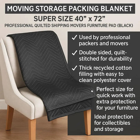 Essentials Moving Blanket 40x72 Pro Quilted Furniture Pad on sofa, black, double-sided, with features description.