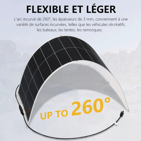 Flexible 100W Solar Panels Kit With 30A Controller shown curved for RVs and boats