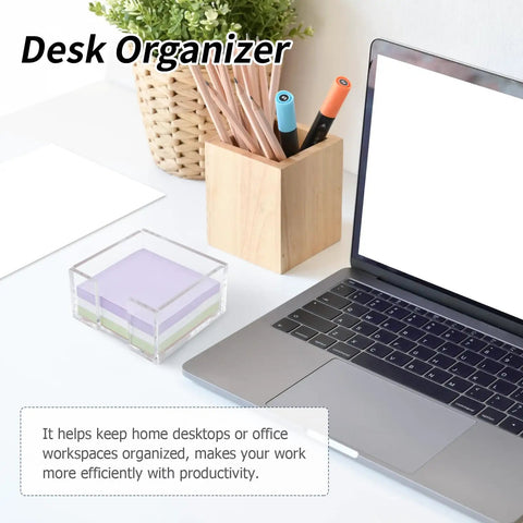 Crystal Clear Acrylic Sticky Note Holder for Desk and Dorm 3 By 3 Notepad Dispenser on desk with laptop and pen holder
