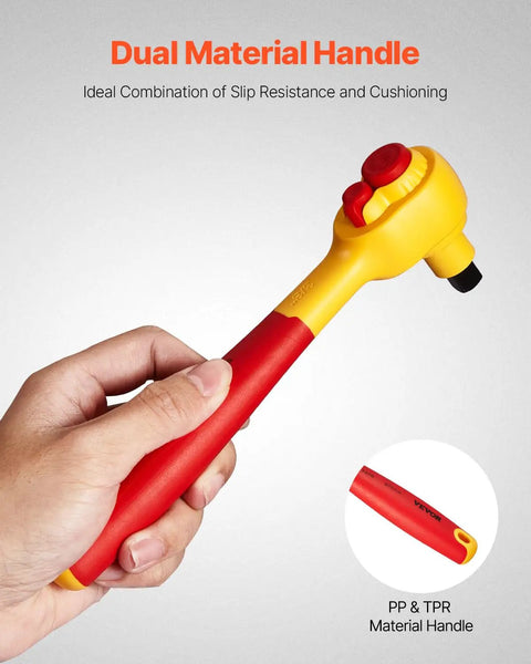 Hand holding a rocker switch handle with dual material for slip resistance. Suitable for Hardcore 16-Piece Insulated Socket Set With 1000V Safety Rating Rock-Solid T-Handle Wrench And Breaker Ratchet For No-Fuss Electrical Repair And Big-Time Job Site Fixes.