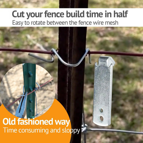 Fence Wire Twister For T Post Clips And Barbed Wire Stainless Steel Twisting Tool shown securing wire to fence post