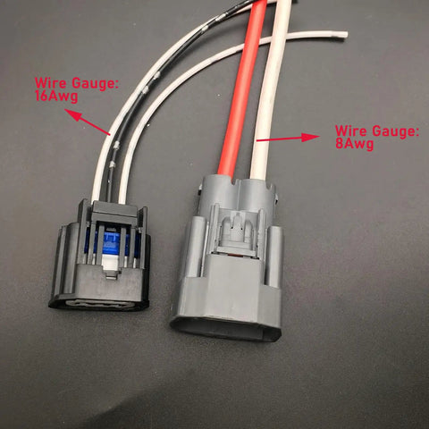 Set Of Two Pigtail Connectors For Volvo And Ford Electric Power Steering Pumps EPS Wire Connector Plug Kit Type 1 Compatible With 2005 Through 2009 Models showing 16Awg and 8Awg wire gauges