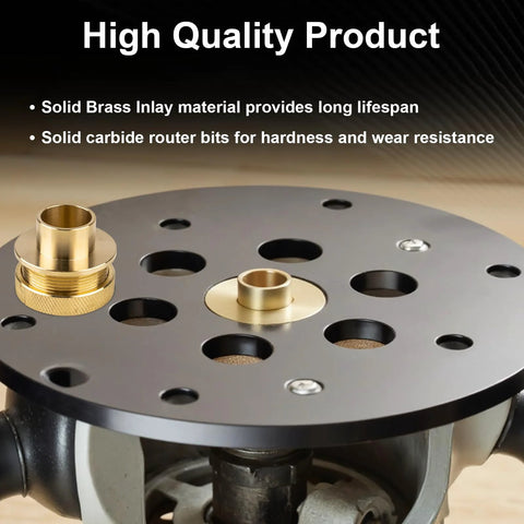 Brass router bushing guide with lock-nut adapter on round router base plate, close-up view