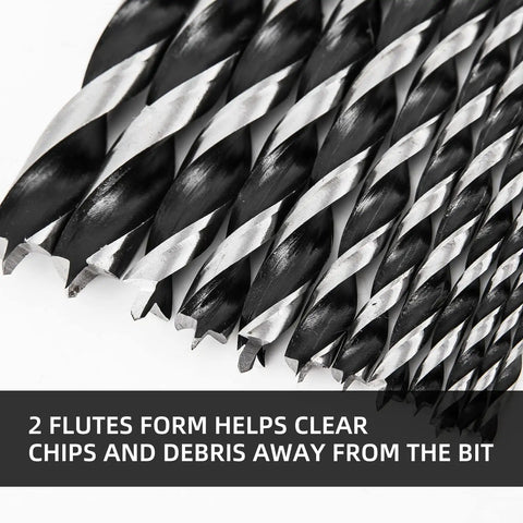Close-up of Pro Grade Extra Long 12 Inch Brad Point Drill Bit Set showing flutes for clean splinter-free holes in wood