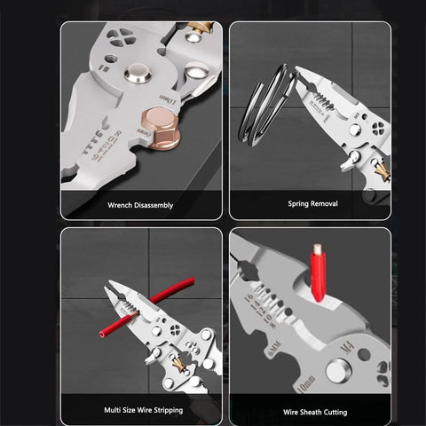 Aramox 10-In-1 Folding Wire Stripper Pliers Made Of Crv Steel For Awg 4 To 20 with visual details on wrench disassembly and wire stripping.